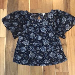 Lucky brand floral top navy sheer sleeves